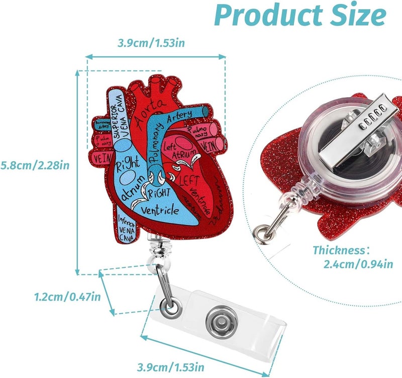 Dimeho Cardiac Badge Holder Heart Retractable Reel ID Card Clip Anatomy Funny Nurse Name Tag Holder Pediatrics Nursing Badge Alligator Clips for Doctor Student Teacher Medical Assistant - Image 2