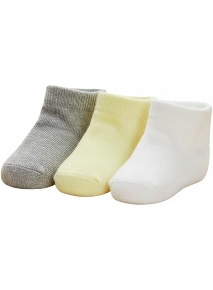 Newborn baby socks, cotton blend, 3 packs, gray, yellow and white - Image 1