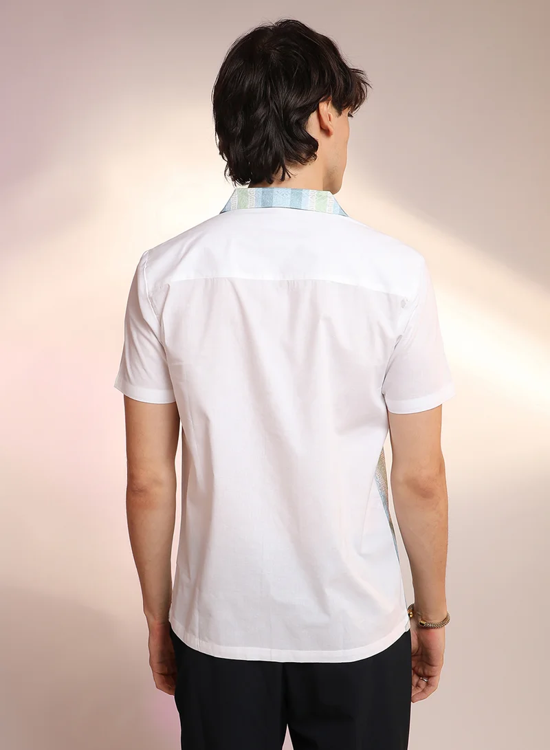 كامبوس سوترا Men's Light Blue & Pale Yellow Fish Eye Ethnic Shirt