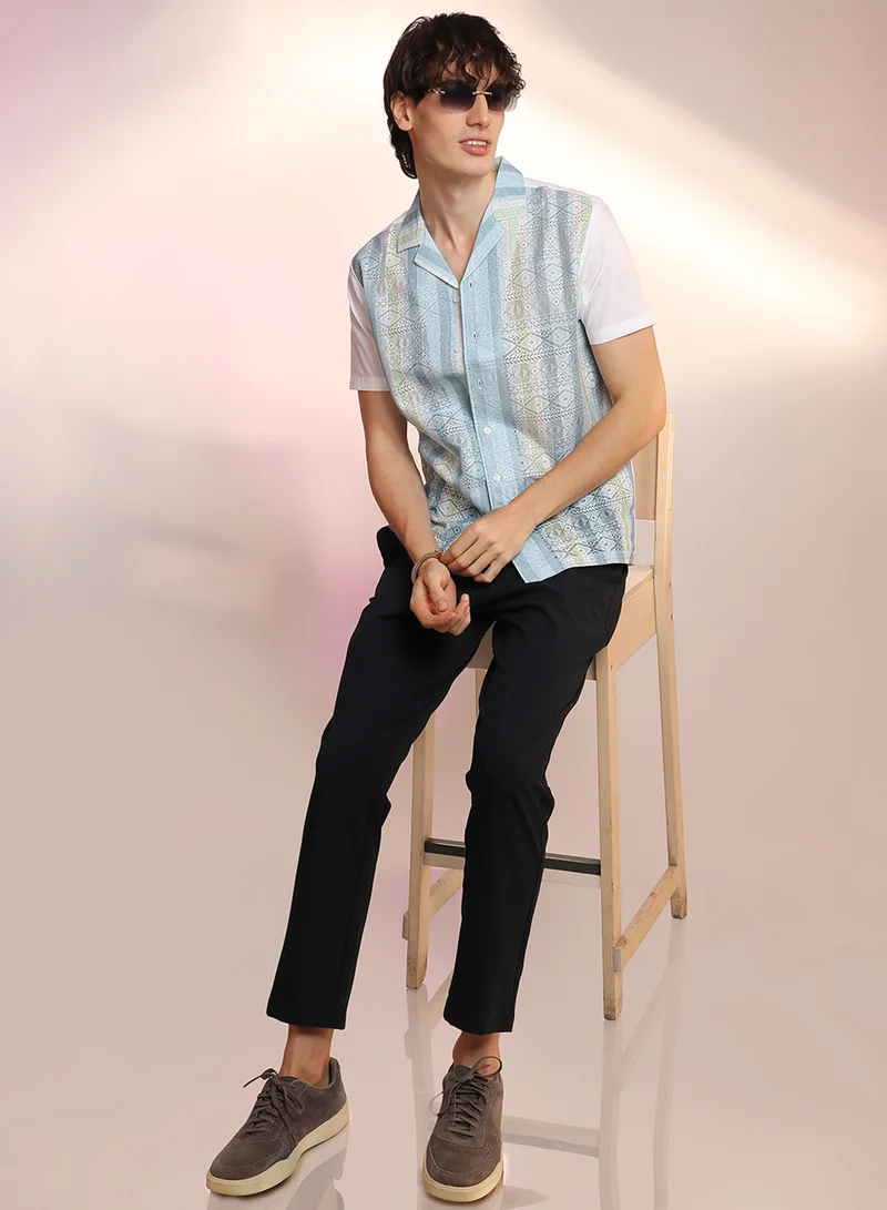 كامبوس سوترا Men's Light Blue & Pale Yellow Fish Eye Ethnic Shirt
