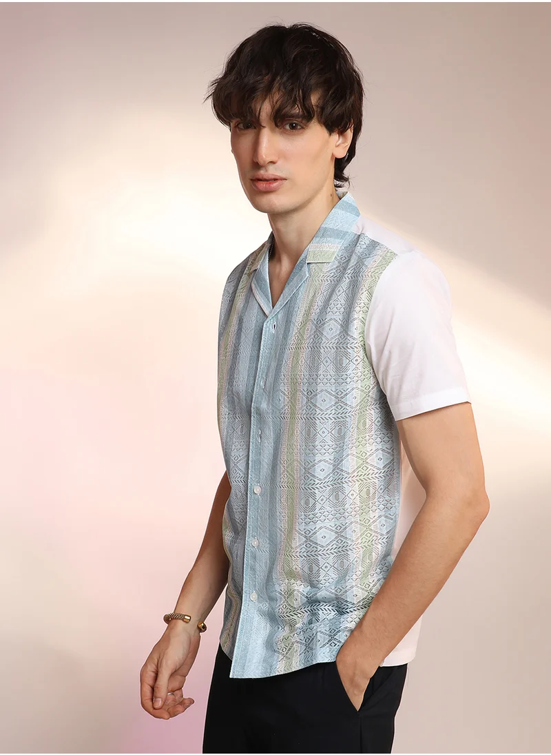 كامبوس سوترا Men's Light Blue & Pale Yellow Fish Eye Ethnic Shirt