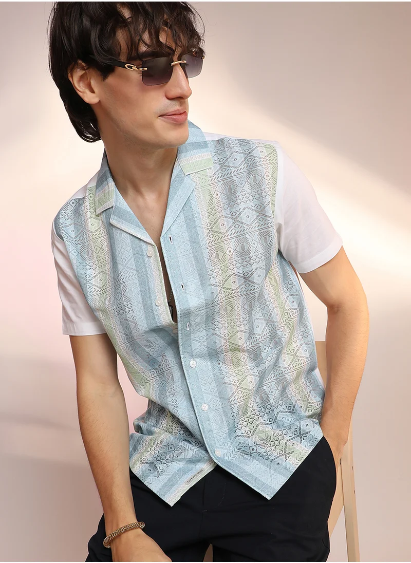 كامبوس سوترا Men's Light Blue & Pale Yellow Fish Eye Ethnic Shirt