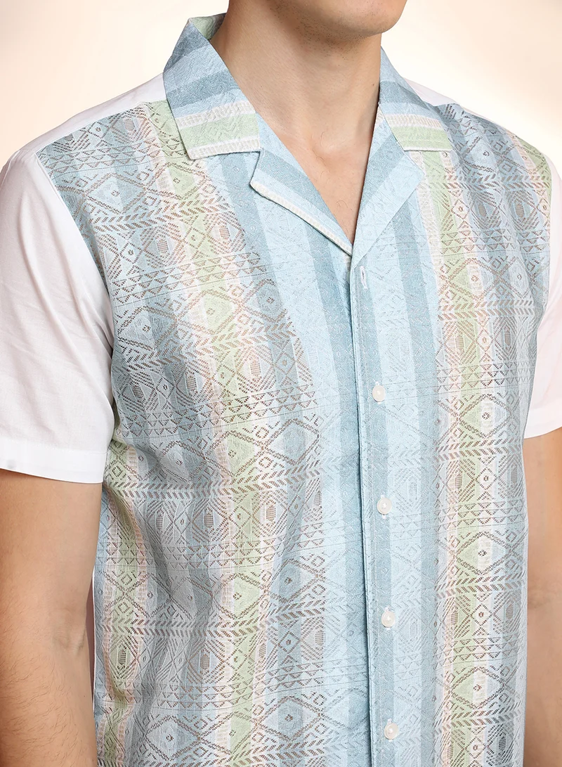 كامبوس سوترا Men's Light Blue & Pale Yellow Fish Eye Ethnic Shirt