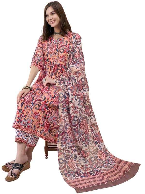 Tee Projekt Women's Cotton Blend Sweetheart Neck Anarkali Kurta Pant with Dupatta Set Pink - Image 1