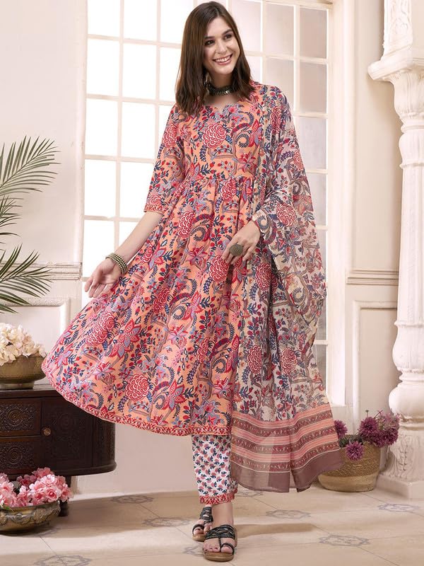 Tee Projekt Women's Cotton Blend Sweetheart Neck Anarkali Kurta Pant with Dupatta Set Pink - Image 3