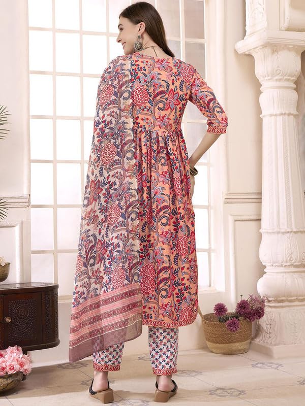 Tee Projekt Women's Cotton Blend Sweetheart Neck Anarkali Kurta Pant with Dupatta Set Pink - Image 4