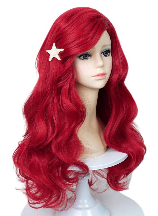 LABEAUTÉ Max Beauty Kid Red Mermaid Wigs with Starfish Hair Clips, Child Red Curly Long Hair Daily Wig Heat Resistant Synthetic Fiber for Halloween for Cosplay for Christmas - Image 1