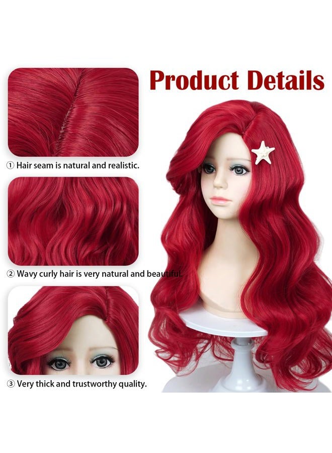 LABEAUTÉ Max Beauty Kid Red Mermaid Wigs with Starfish Hair Clips, Child Red Curly Long Hair Daily Wig Heat Resistant Synthetic Fiber for Halloween for Cosplay for Christmas - Image 5