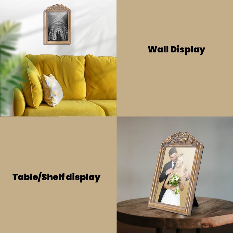 GUOER GUOER Vintage 5x7 Picture Frame with Flower Antique Ornate Table Top and Wall Mounting Photo Frame with High Definition Glass Front for Home Decor  Photo Gallery  Art(5x7  Gold)  - Image 3