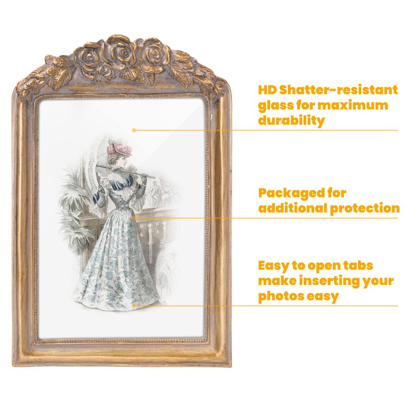 GUOER GUOER Vintage 5x7 Picture Frame with Flower Antique Ornate Table Top and Wall Mounting Photo Frame with High Definition Glass Front for Home Decor  Photo Gallery  Art(5x7  Gold)  - Image 5