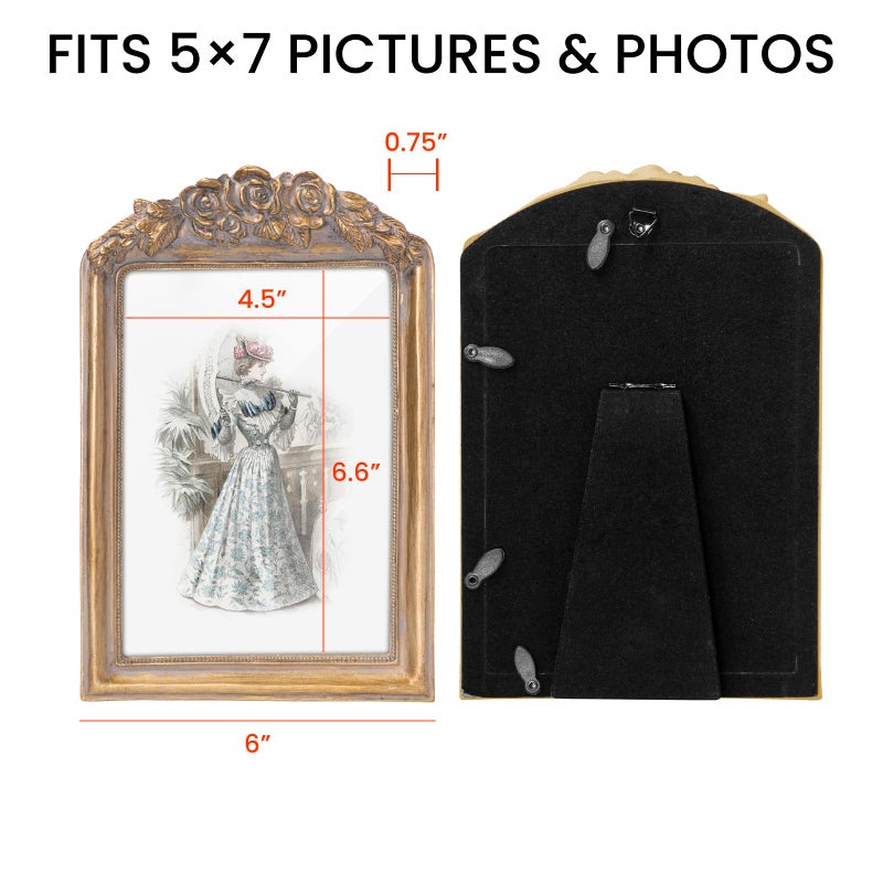 GUOER GUOER Vintage 5x7 Picture Frame with Flower Antique Ornate Table Top and Wall Mounting Photo Frame with High Definition Glass Front for Home Decor  Photo Gallery  Art(5x7  Gold)  - Image 2