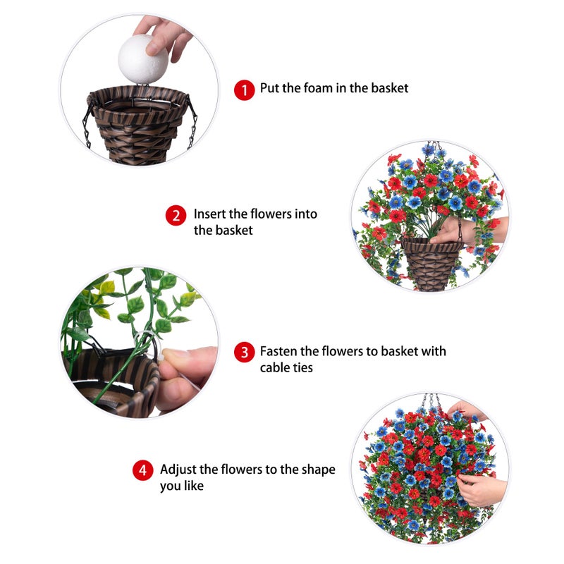 HyeFlora Artificial Hanging Flowers Basket for Outdoor, Fake Flowers Faux Plants Look Real for Yard Gardens Porch Patio Home (Blue+Red) - Image 5