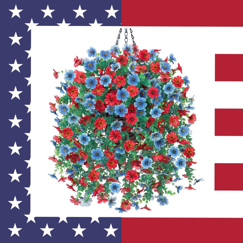 HyeFlora Artificial Hanging Flowers Basket for Outdoor, Fake Flowers Faux Plants Look Real for Yard Gardens Porch Patio Home (Blue+Red) - Image 2