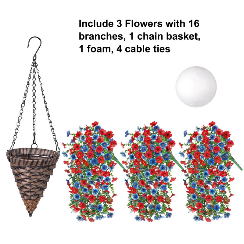 HyeFlora Artificial Hanging Flowers Basket for Outdoor, Fake Flowers Faux Plants Look Real for Yard Gardens Porch Patio Home (Blue+Red) - Image 3