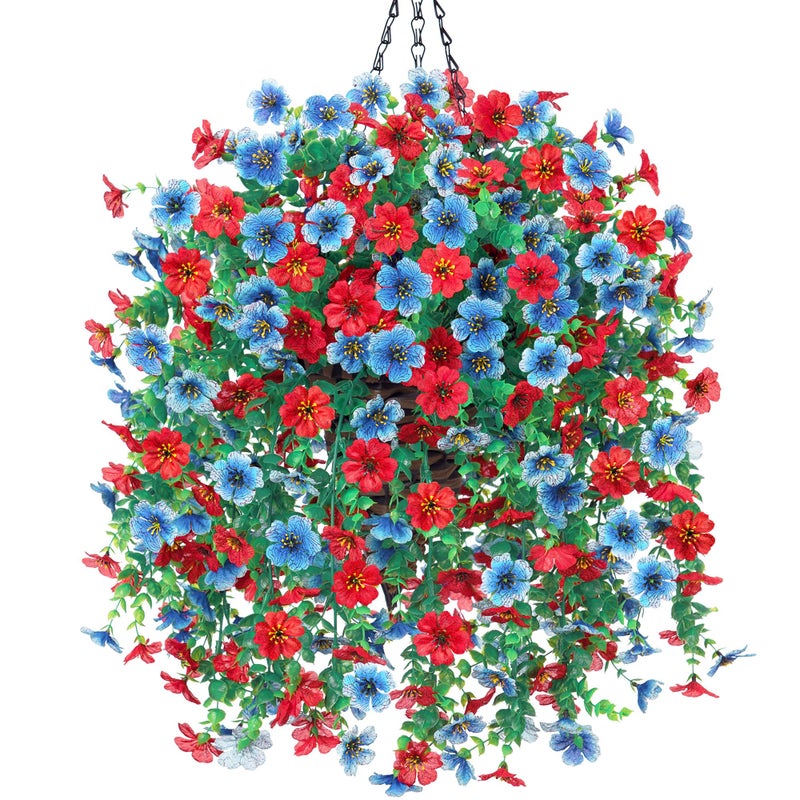 HyeFlora Artificial Hanging Flowers Basket for Outdoor, Fake Flowers Faux Plants Look Real for Yard Gardens Porch Patio Home (Blue+Red) - Image 1
