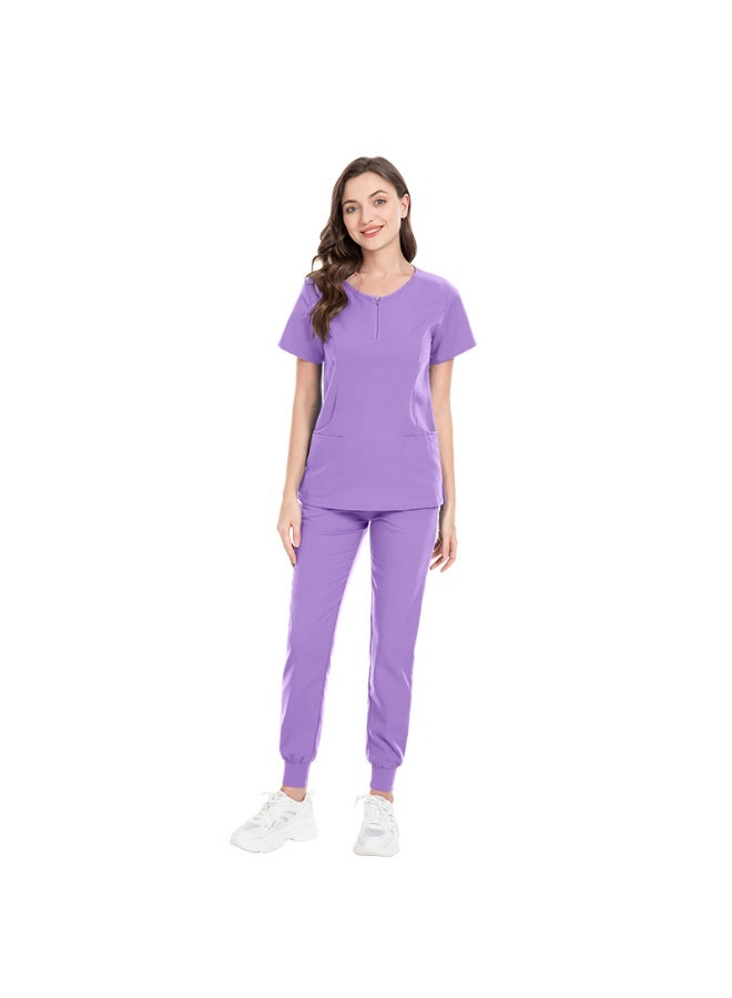 NIBEMINENT Medical Scrubs Set Nurse Uniforms Women Surgical Suit Zip V-neck Pocket Tops+Jogger Pants Hospital Dental Clinic Doctor Workwear - Image 1