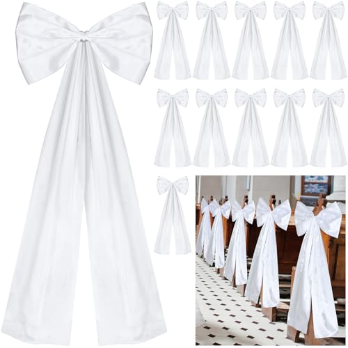 Knitgrip Large Wedding Pew Bows with Long Tails 12 x 295 Inch Wedding Aisle Decorations Bows Satin Ribbon Background Decor for Bridal Shower Reception CeremonyWhite12 Pcs - Image 1