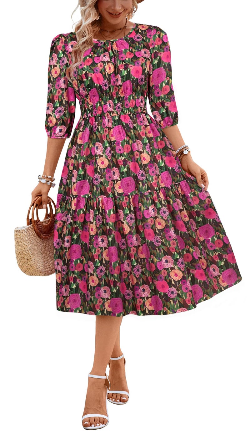 Kormei Women Summer Casual Boho Floral Round Neck 3/4 Sleeve Smocked Waist Tiered Flowy Swing Midi Dress XL Green/Purple - Image 1