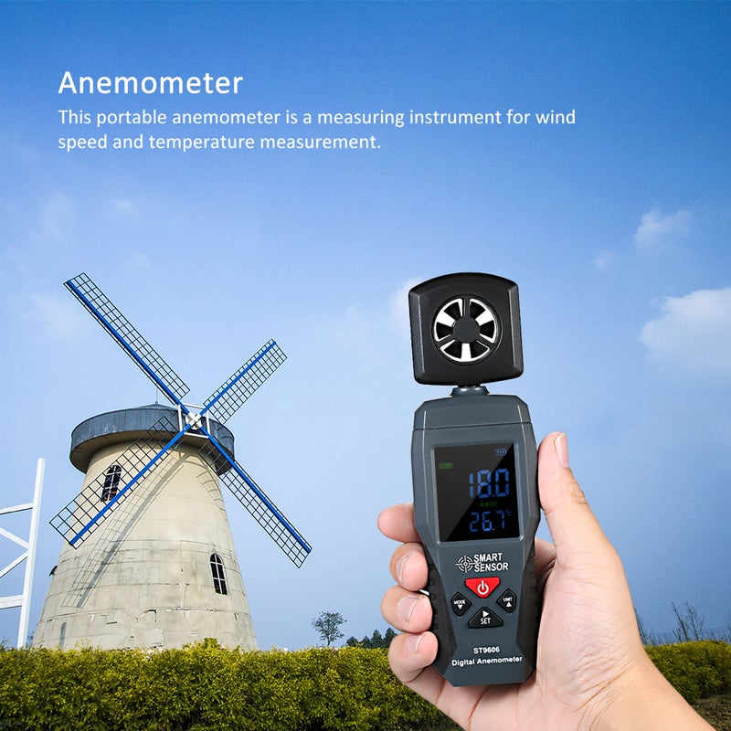مقياس سرعة الهواء والحرارة الرقمي بالشاشة LCD SMART SENSOR ST9606 - مقياس محمول لقياس سرعة الهواء ومقياس سرعة الهواء مع ضوء خلفية - Image 5
