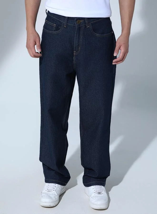هوبرهولمي جينز أزرق داكن بقصة مريحة 1% قطن بتصميم سادة وإغلاق بأزرار