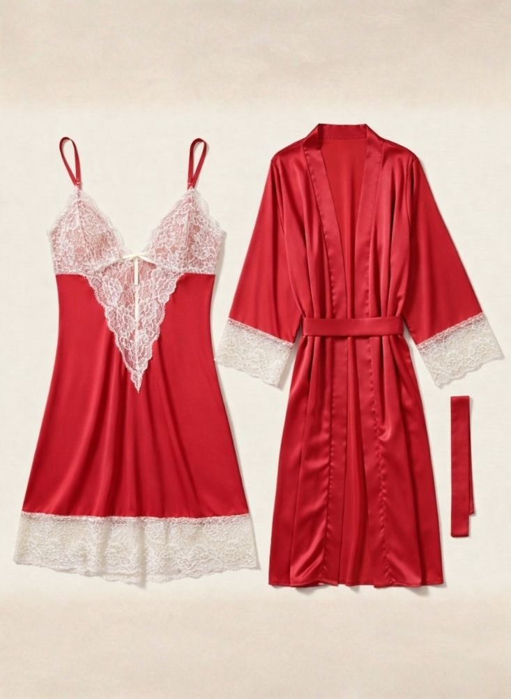 Cute Red Satin Lace Nightwear Robe Set for Women with Matching Slip – Elegant Bridal & Luxury Sleepwear - Image 4