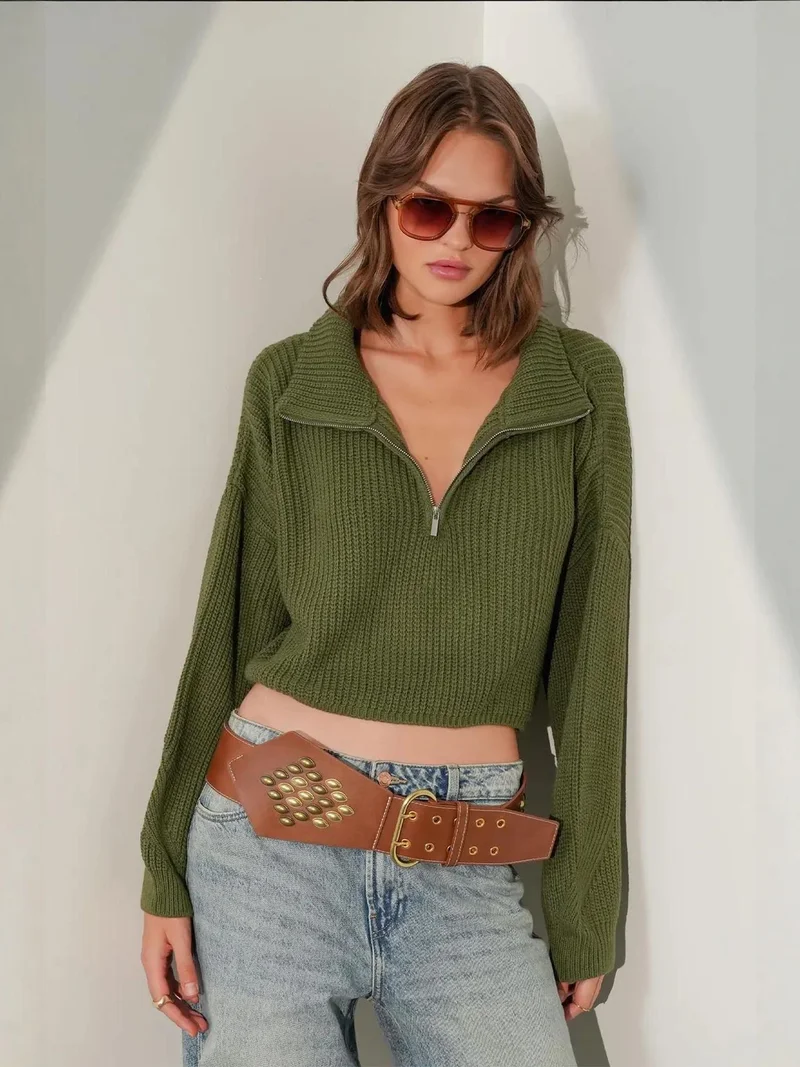 MixRay Mixray Textured Long Sleeve Zipped Collar Sweater