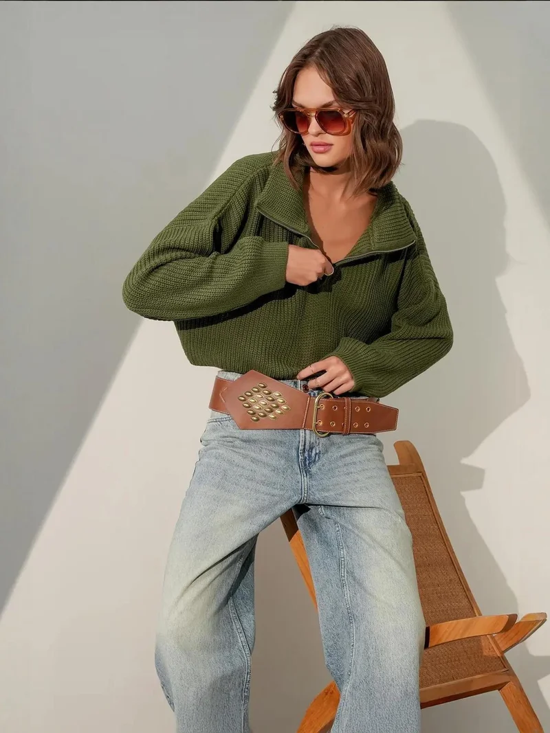 MixRay Mixray Textured Long Sleeve Zipped Collar Sweater