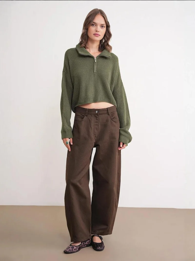 Mixray Khaki Green Mixray Textured Long Sleeve Zipped Collar Sweater for Women | Best Price UAE
