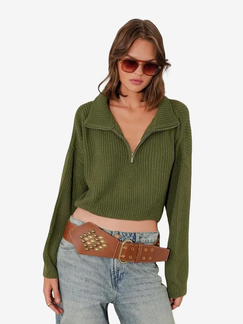 MixRay Mixray Textured Long Sleeve Zipped Collar Sweater