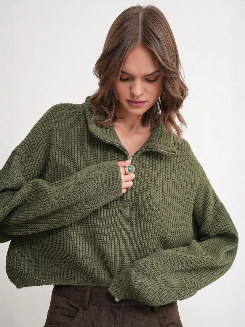 Mixray Khaki Green Mixray Textured Long Sleeve Zipped Collar Sweater for Women | Best Price UAE