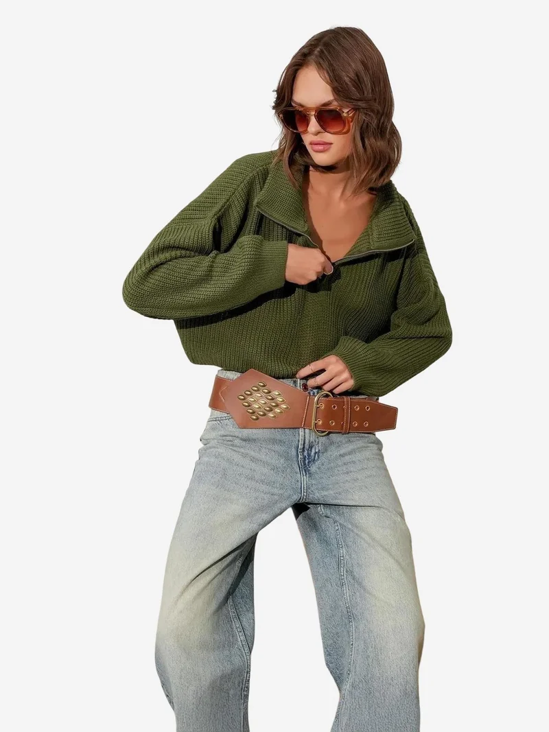 Mixray Khaki Green Mixray Textured Long Sleeve Zipped Collar Sweater for Women | Best Price UAE
