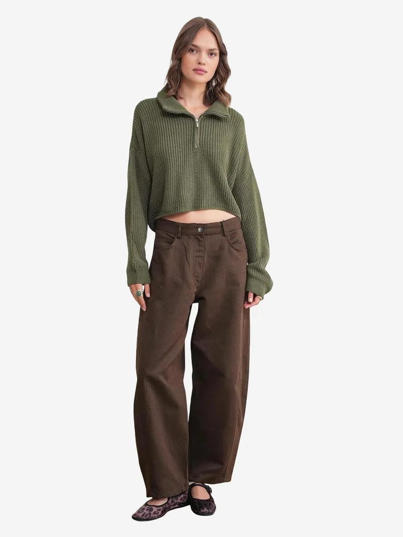 MixRay Mixray Textured Long Sleeve Zipped Collar Sweater