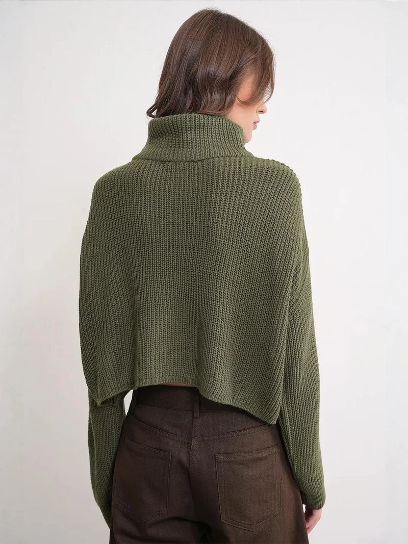 Mixray Khaki Green Mixray Textured Long Sleeve Zipped Collar Sweater for Women | Best Price UAE
