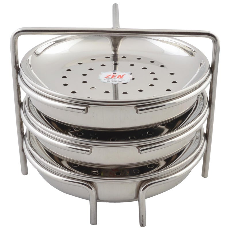 JAIN Stainless Steel 2in1 Thatte Idly Plate | Dhokla Holder & Idiappam Stand - 6 Plates Thatte Idli Plate with Stand & Momos Steamer Stand (3 Thattu Idly Plates, 3 Idiappam Stand, 1 Stand) - Image 1