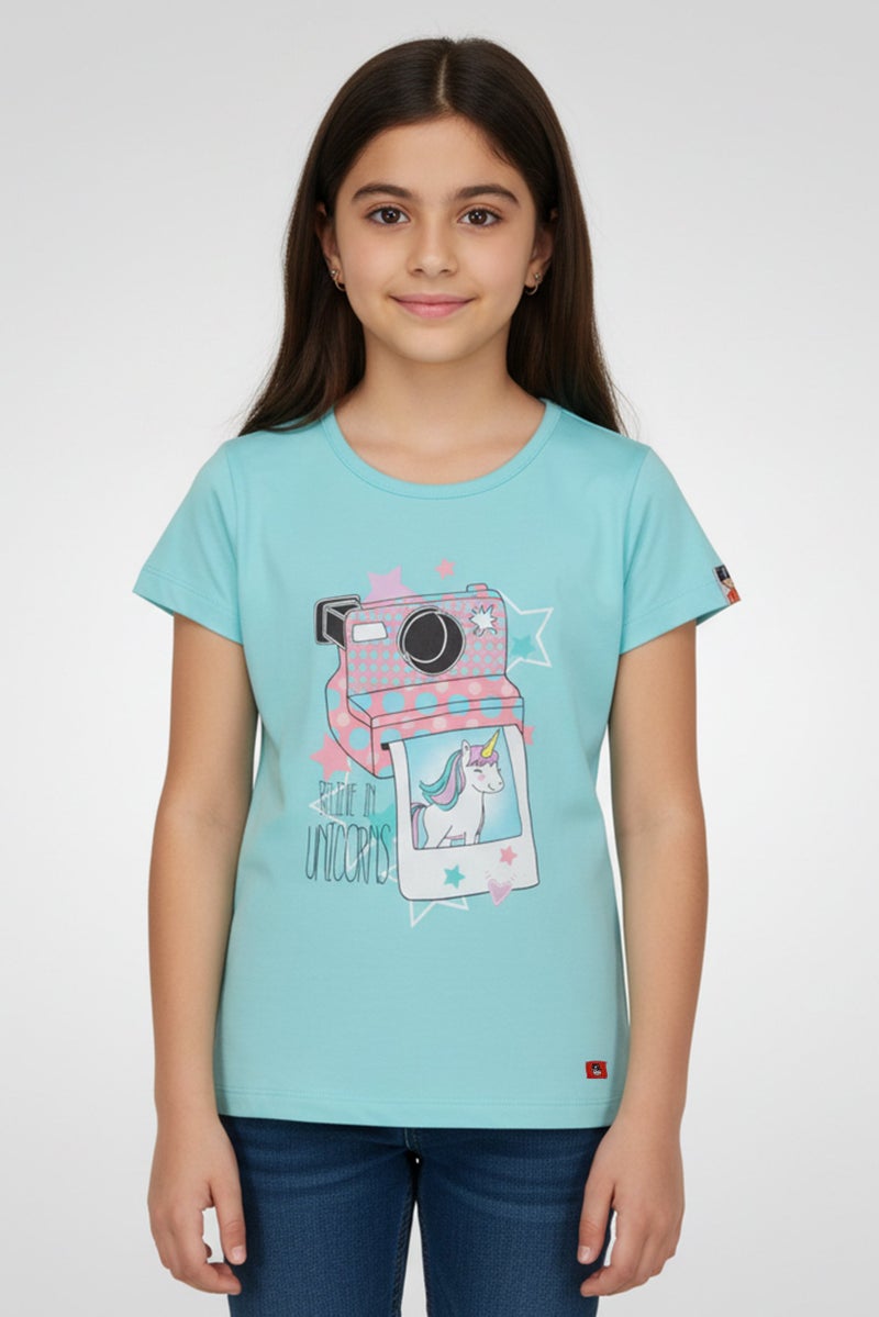 Hamleys Kids Girl Graphic Print Short Sleeve Top, Mint Green - Image 1