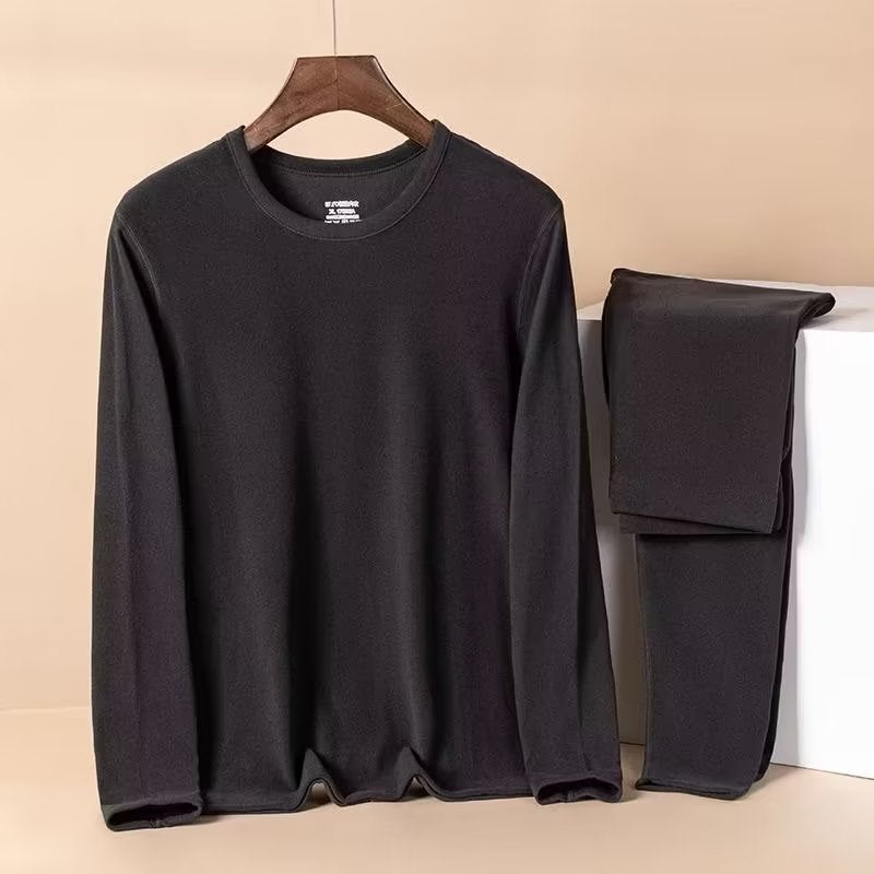 Chaolun cloth mens spring and autumn and winter de velvet double-sided self-heating thermal underwear suit base shirt cross-border wholesale black round neck set 