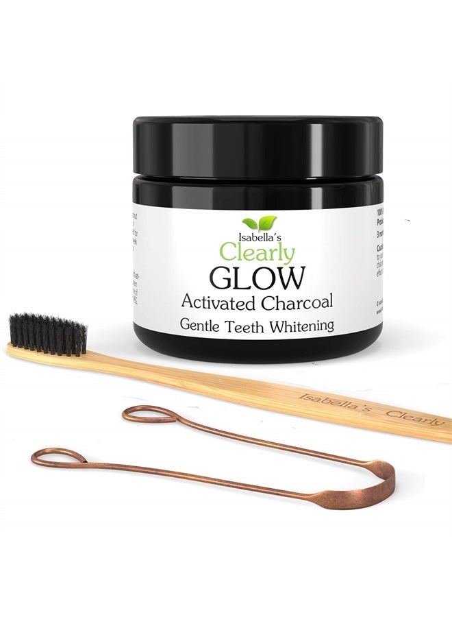 Isabella's Clearly Natural Teeth Whitening Kit (4 Piece) with Glow Food Grade Activated Charcoal Powder + Bamboo Ultra Soft Toothbrush + Copper Tongue Cleaner + Signature Gift Bag - Image 1