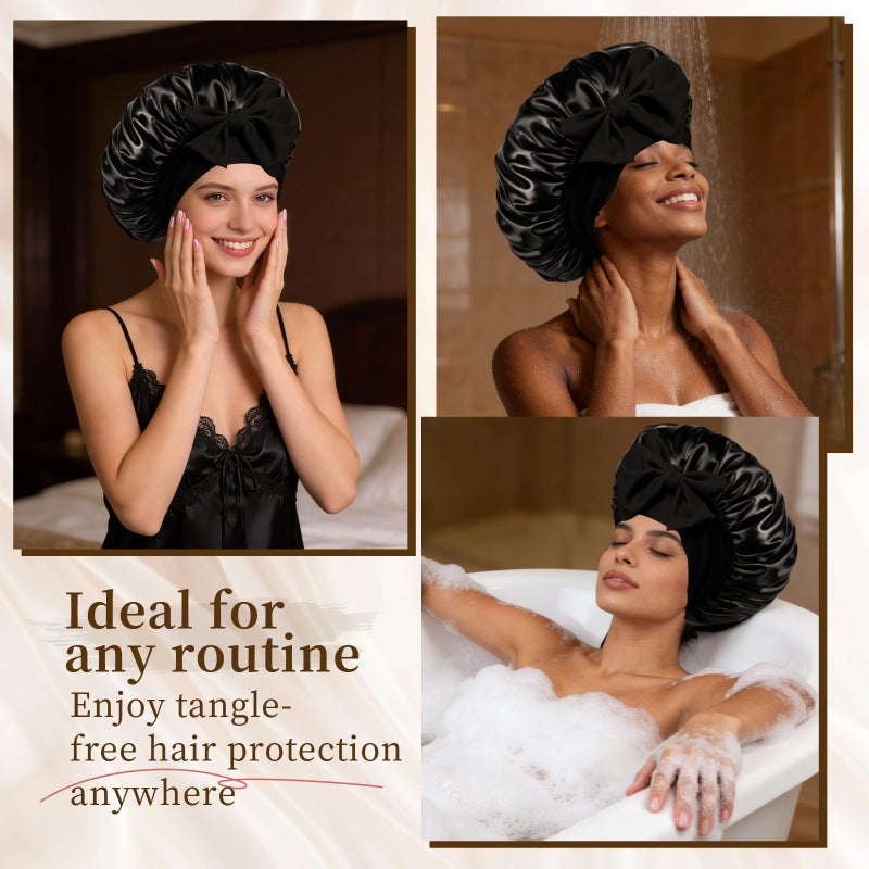 Confvrter Silk Bonnet Satin Bonnet for Sleeping Large Bonnets with Tie Band Hair Wrap with Adjustable Straps Hair Cap for Women Curly Black - Image 5
