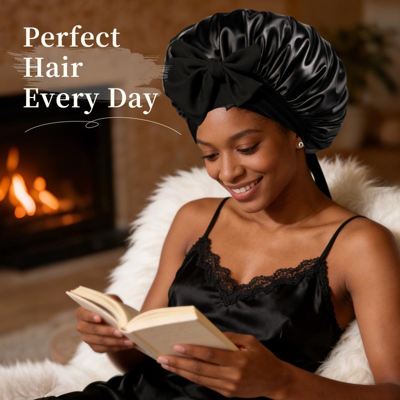 Confvrter Silk Bonnet Satin Bonnet for Sleeping Large Bonnets with Tie Band Hair Wrap with Adjustable Straps Hair Cap for Women Curly Black - Image 3