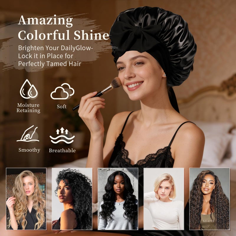 Confvrter Silk Bonnet Satin Bonnet for Sleeping Large Bonnets with Tie Band Hair Wrap with Adjustable Straps Hair Cap for Women Curly Black - Image 4