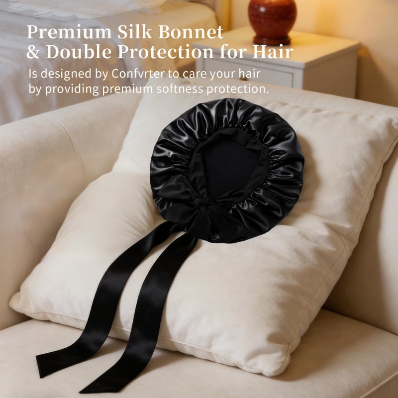 Confvrter Silk Bonnet Satin Bonnet for Sleeping Large Bonnets with Tie Band Hair Wrap with Adjustable Straps Hair Cap for Women Curly Black - Image 2