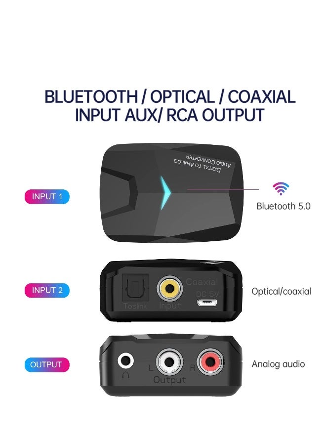 محول صوتي رقمي إلى تناظري DAC مع جهاز استقبال Bluetooth 5.0، صوت رقمي بصري وكوكسالي إلى تناظري ستيريو RCA و3.5 مم - Image 2