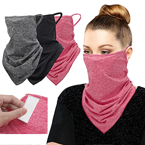 MoKo Scarf Mask Bandana with Ear Loops 3 Pack, Neck Gaiter Balaclava with Filter Pocket UV Sun Protection Face Mask for Dust Wind Motorcycle Cycle Bandana Headband for Women Men, Magenta/Black/Gray - Image 1