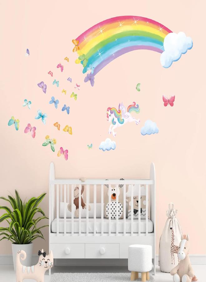 decalmile decalmile Rainbow Wall Decals Unicorn Rainbow Butterflies Clouds Wall Stickers Baby Nursery Girls Bedroom Living Room Wall Decor - Image 1