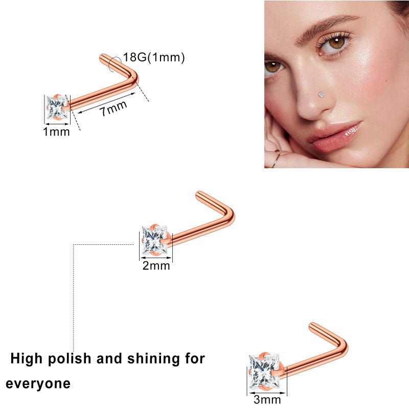 ONESING 23 Pcs 18G Nose Rings for Women L Shape Hoops Nose Studs Surgical Stainless Steel Nose Piercings Jewelry for Women Men, Rose Glod - Image 2
