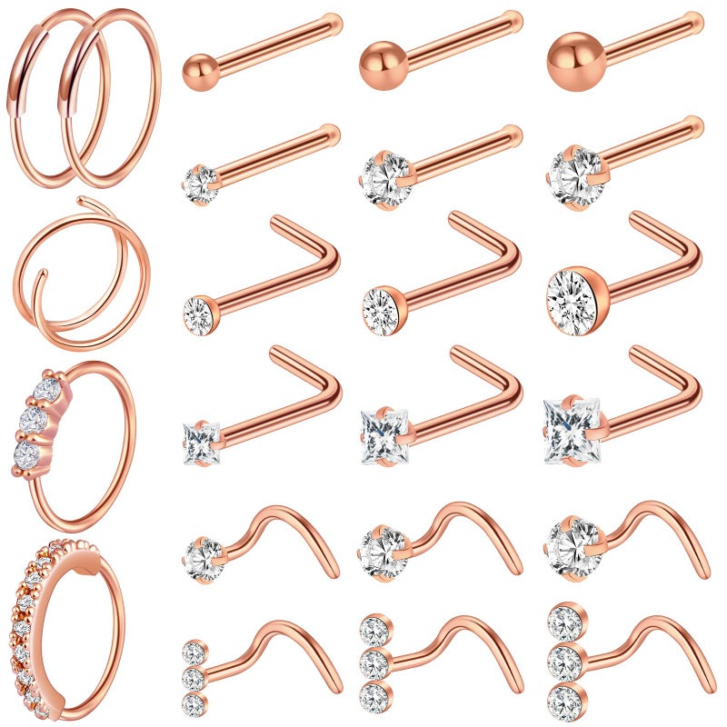 ONESING 23 Pcs 18G Nose Rings for Women L Shape Hoops Nose Studs Surgical Stainless Steel Nose Piercings Jewelry for Women Men, Rose Glod - Image 1