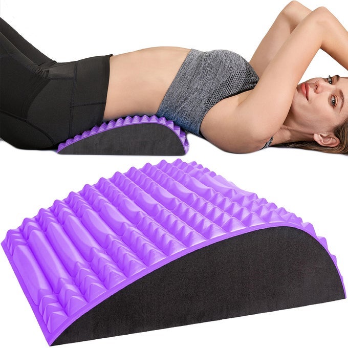 BACK STRETCHER PILLOW PAIN RELIEF FOR LOWER BACK LUMBAR SUPPORT POSTURE CORRECTION SCIATICA AID ORTHOPEDIC DESIGN EASY TO USE AT HOME OFFICE OR ANYWHERE ORTHOPEDIST RECOMMENDED PURPLE