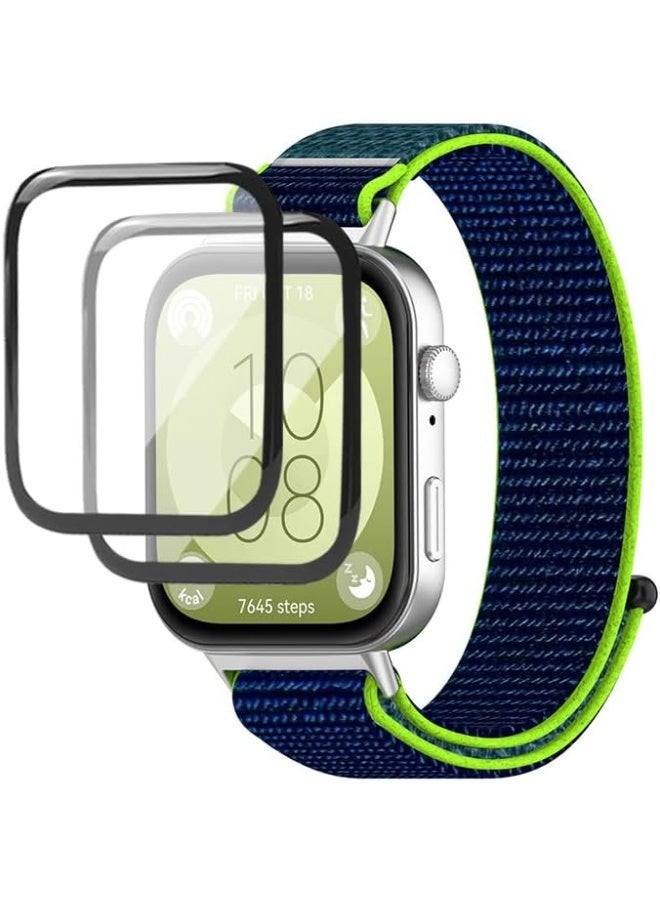 Strap  For Huawei Watch Fit 3, [Breathable] Sturdy Nylon Replacement band, [2 Pack] Screen Protective Film, Compatible with Huawei Watch Fit 3-Blue green - Image 1