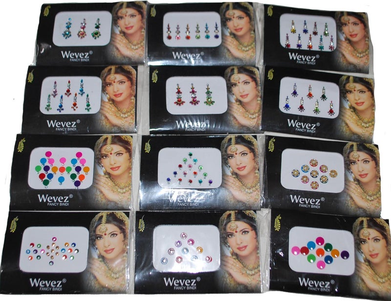 Wevez 12 Gold,Silver, Multi Color Bollywood Head Bindi Tattoo Body Glitter - Image 2