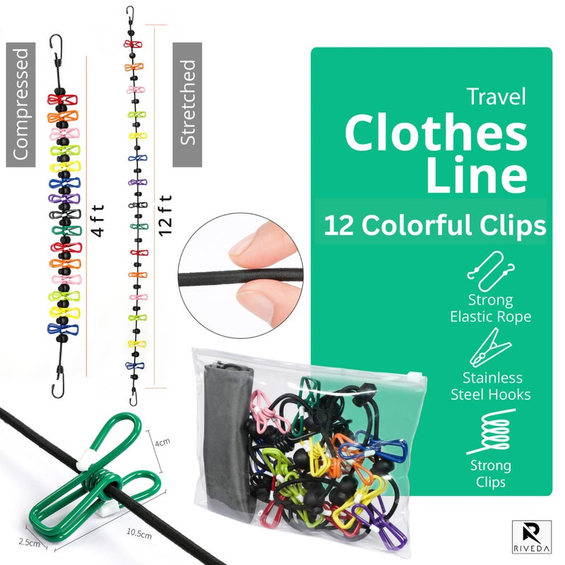Riveda Portable Travel Clothesline with 12 Colorful Clips & Bag, Elastic RV & Camping Clothes Line for Indoor Laundry Drying Line & Outdoor Camping Accessories (Elastic) - Image 2